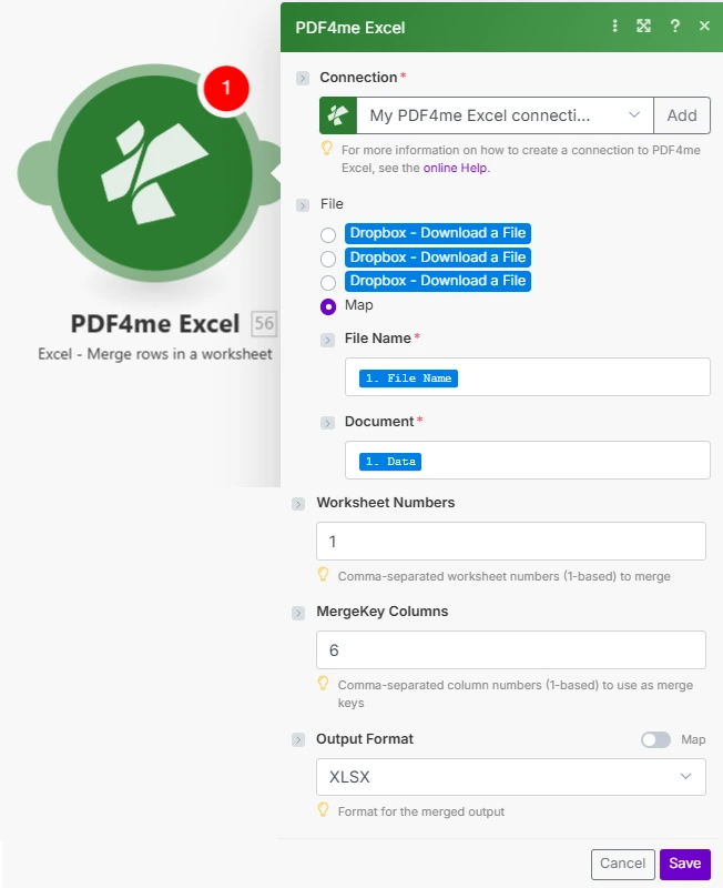 Configure el módulo PDF4me Excel Merge Rows mostrando los campos Nombre de archivo y Documento asignados en el paso 1, Número de hoja de cálculo establecido en 1, Columnas de clave de combinación establecidas en 6 y Formato de salida establecido en XLSX.
